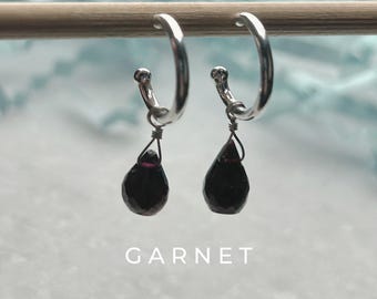 Garnet Drop Interchangeable Hoop Stud Earrings