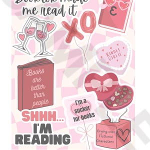 May include: Pink and white checkered background with various stickers featuring book-themed illustrations and text. Stickers include "BookTok made me read it", "Books are better than people", "Shhh... I'm reading", "I'm a sucker for books", "Crying over fictional characters", "Kindle Girlie", and "XO".