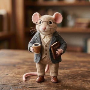 Könnte beinhalten: Eine Filz-Maus-Figur mit Brille, grauem Jackett und braunen Schuhen, die eine Kaffeetasse und ein Buch mit dem Titel "Stories" hält. Die Maus trägt ein beiges Hemd und eine Weste mit rosa Schwanz und Ohren.