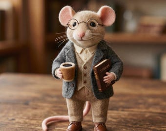 Profesor Thaddeus White Mouse - Arte hecho a mano en fieltro y lana - Artículo de colección de Crónicas Bigotes - Regalo para amantes de los libros, profesores y bibliotecarios