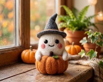 Adopt a Ghost in Pumpkin - Cute Felt Halloween Wizard Decor - Handmade Autumn Desk Pet - Kids Spooky Nursery Decoration - Miniature Gift