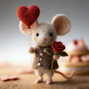 Puede incluir: Una encantadora figura de ratón de fieltro sosteniendo un globo rojo en forma de corazón y una rosa roja. El ratón lleva un chaleco marrón con botones blancos. La figura está sobre una superficie de madera, con un fondo borroso.