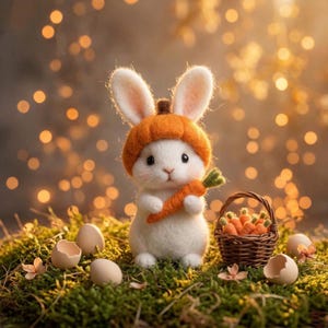 May include: A white bunny wearing an orange hat, holding a carrot, and standing on green moss. A small basket filled with carrots and several eggs are nearby. The background has a bokeh effect with warm, golden lights, creating a festive Easter theme.