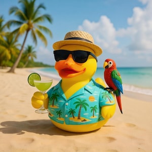 May include: A yellow rubber duck wearing sunglasses, a straw hat, and a tropical shirt, holding a cocktail with a lime wedge. A colorful parrot sits on its shoulder. The scene is set on a sandy beach with palm trees and a blue ocean.