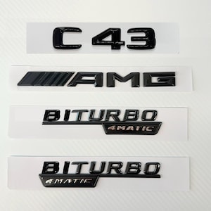 C43 BITURBO AMG Badge Mercedes Gloss Black Rear Emblem Logo Boot Badge Emblem Letters for C Class W205 15-21 Sedan Estate Coupe
