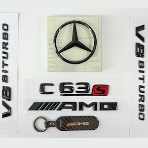 C63S V8 BITURBO AMG Badge Mercedes Gloss Black Rear Emblem Logo and Keyring Boot Star Badge Emblem for C Class W205 15-21 Sedan Estate Coupe