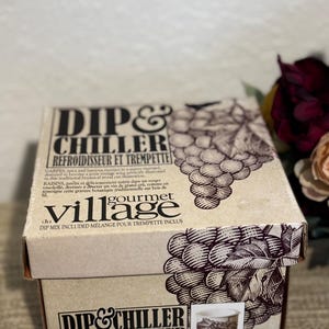 May include: A brown cardboard box with a white label that says "Dip & Chiller" and "Gourmet Village". The box has a picture of grapes on it. The box is for a dip and chiller set.