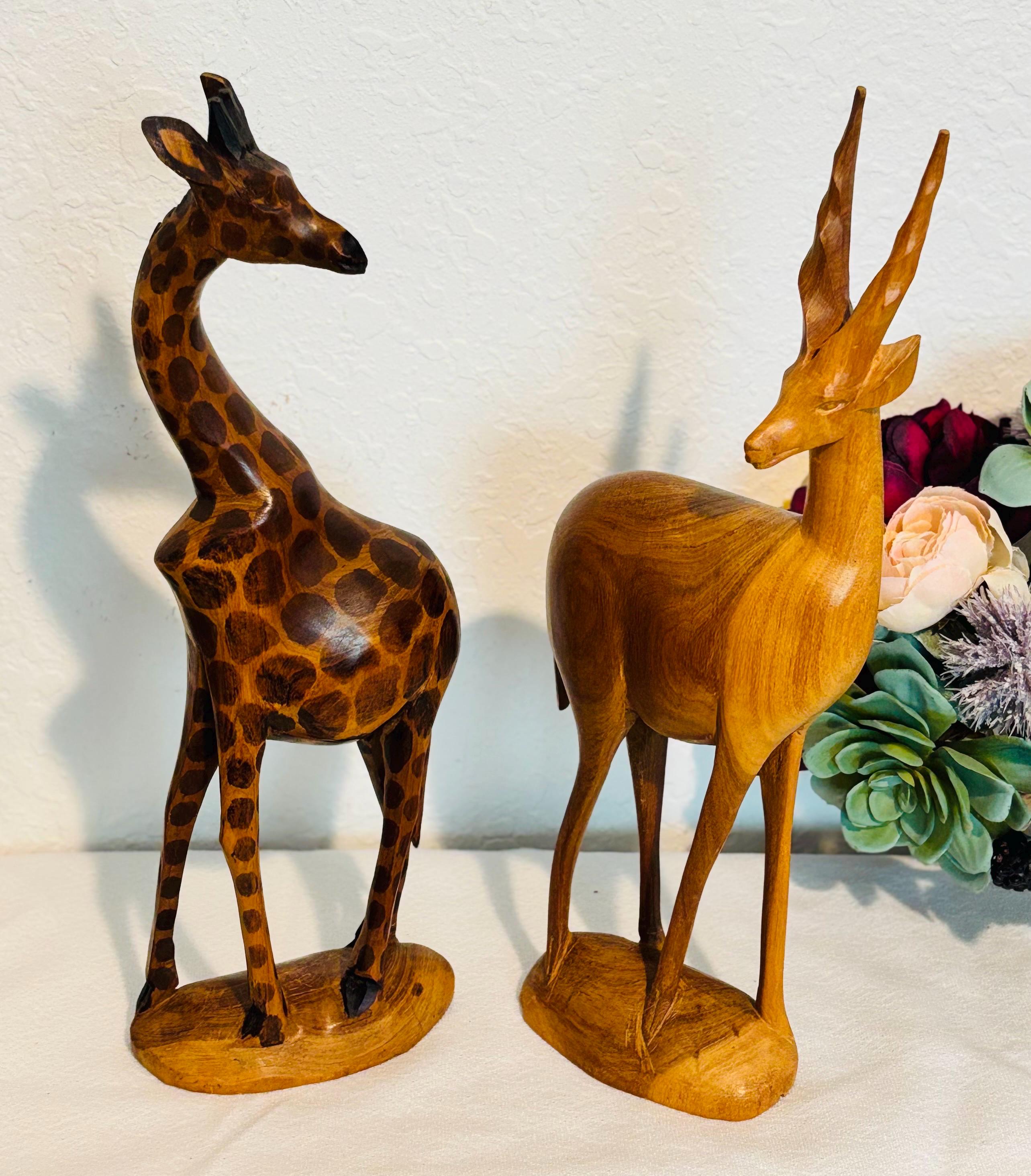 VTG 木製手彫りキリンサファリ背の高い置物アート彫刻ケニアと鹿