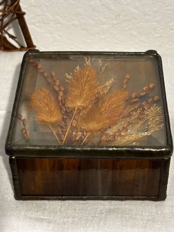 Vintage Leaded Glass - Stained Glass Dried Flowers Trinket Box