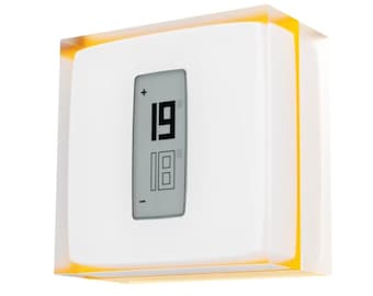 May include: White digital thermostat with a yellow border and a digital display showing 19 degrees.