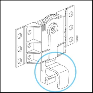 Peut inclure: Dessin au trait noir et blanc d'un mécanisme de verrouillage en métal. Le mécanisme comprend des plaques rectangulaires avec des trous circulaires, un bras pivotant et un crochet. Le numéro "159628" est imprimé sur le côté.
