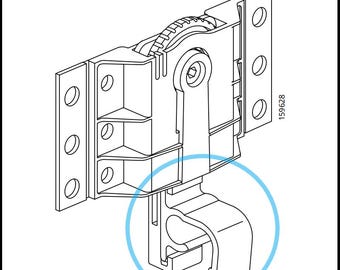 May include: Line drawing of a metal latching mechanism. The mechanism has a series of rectangular plates with circular holes, a pivoting arm, and a hook-shaped catch. The number "159628" is printed on the side.