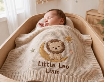 Gepersonaliseerde babydeken met Leeuw-sterrenbeeld, gebreide plaid met geborduurde naam.