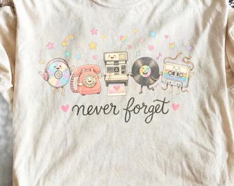 Never Forget PNG, Cute Retro Vinyl Sublimation Design, Nostalgic 90s Shirt PNG, Vintage Cassette Tape & Phone Digital Download