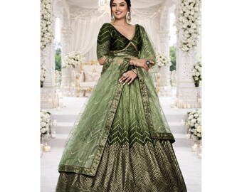 Green Lehenga Choli Set Women with Sequins Embroidery: Indian Wedding Wear Readymade
