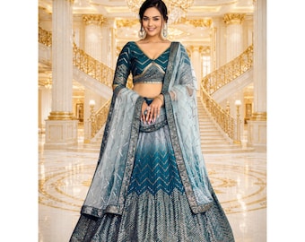 Blue Lehenga Choli: Sequins Embroidery Indian Wedding Wear