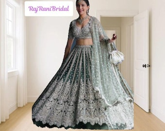 Teal Blue Net Lehenga Choli: Indian Embroidery Bridal Wear