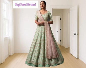 Sea Green Lehenga Choli: Indian Wedding Wear with Embroidery & Dupatta