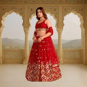 Red Lehenga Choli: Indian Wedding Wear, Sequins Zari Embroidery
