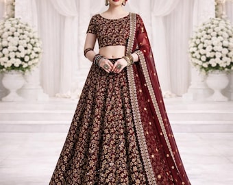 Kastanienbraunes Lehenga Choli Set für Frauen: Rohseide, Stickerei, indische Hochzeitskleidung Readymaid