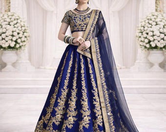 Navy Blue Lehenga Choli Set für Frauen: Rohseide, Stickerei, indische Hochzeitskleidung Readymaid