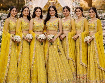 Gult Lehenga Choli-set för kvinnor: Indisk bröllopsoutfit med paljettbroderi