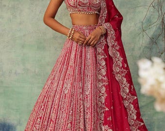 Red Lehenga Choli: Indian Wedding Wear, Thread Embroidery