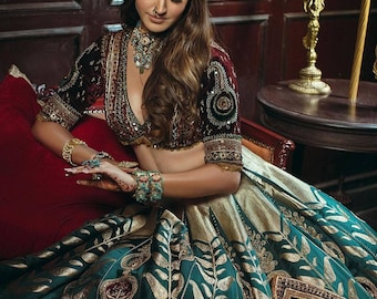 Green Lehenga Choli: Indian Designer Embroidery Chaniya, Wedding Wear