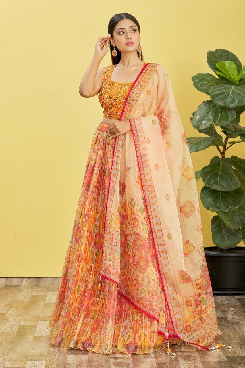 Yellow Digital Print Lehenga Choli: Indian Wedding Wear
