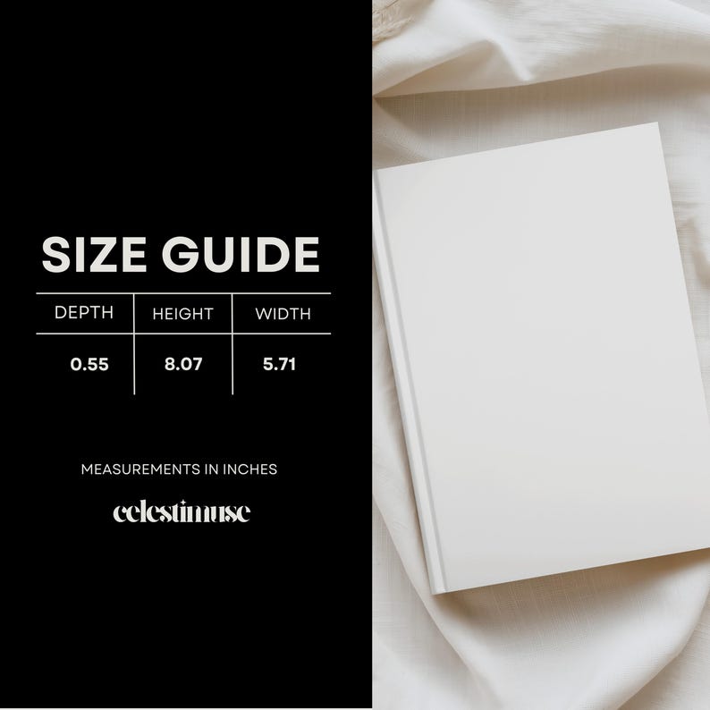 K&ouml;nnte beinhalten: Ein wei&szlig;es Buch mit minimalistischem Design, das auf einem cremefarbenen Stoff liegt. Die Gr&ouml;&szlig;entabelle links zeigt die Ma&szlig;e: 1,4 cm tief, 20,5 cm hoch und 14,5 cm breit. Der Text "SIZE GUIDE" ist deutlich sichtbar.