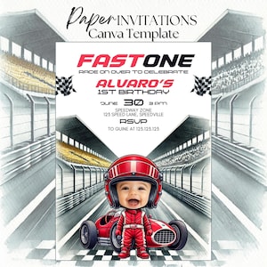 Modelo de convite de papel para o primeiro aniversário do Fast One Baby, design colorido e divertido para o dia especial do seu filho, presente de convite de festa perfeito