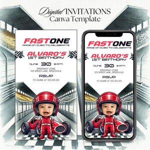 Convite editável Fast One Race Car 1º aniversário – Convite com foto animada, tema de corrida de carros, convite digital para celular