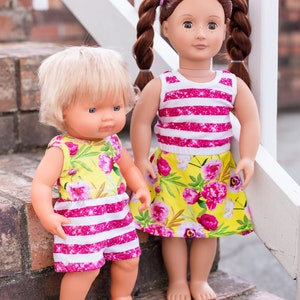 Jersey Doll Dress and Shorts Romper PDF Sewing Pattern, including doll sizes 15&quot; and 18&quot;, Doll Dress Pattern, Doll Shorts Romper Pattern