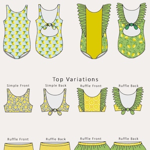 May include: Illustration of swimwear variations. The image shows one-piece swimsuits and bikini tops and bottoms with different designs, including lemon patterns and ruffle details. The text "One Piece Variations" and "Top Variations" is displayed.