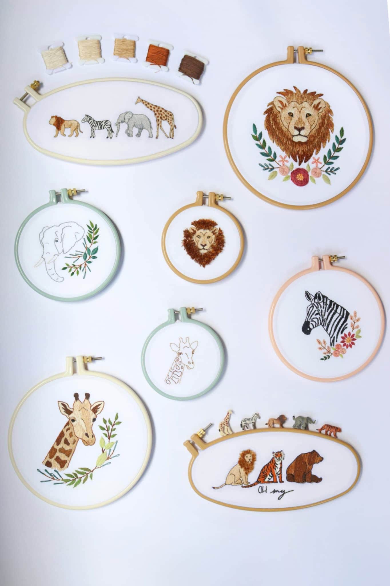 Wildwood PDF Hand Embroidery Pattern, featuring Wild Animals: Lion, Giraffe, Zebra, or Elephant, Line Up of Four Animals