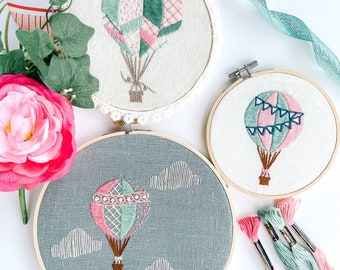 Ferrara Hand Embroidery PDF Pattern, including Hot Air Balloon and Cloud design options, Beginner Friendly Hand Embroidery Pattern