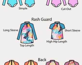 Patrón de costura en PDF para camiseta de protección solar y bañador de una pieza Kirra, que incluye tallas de 12 meses a 14 años.