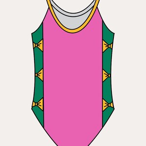 May include: A pink swimsuit with narrow straps and a yellow trim. The sides feature green panels with yellow bow accents. The word "Back" and "Narrow Straps" are written at the top of the image.