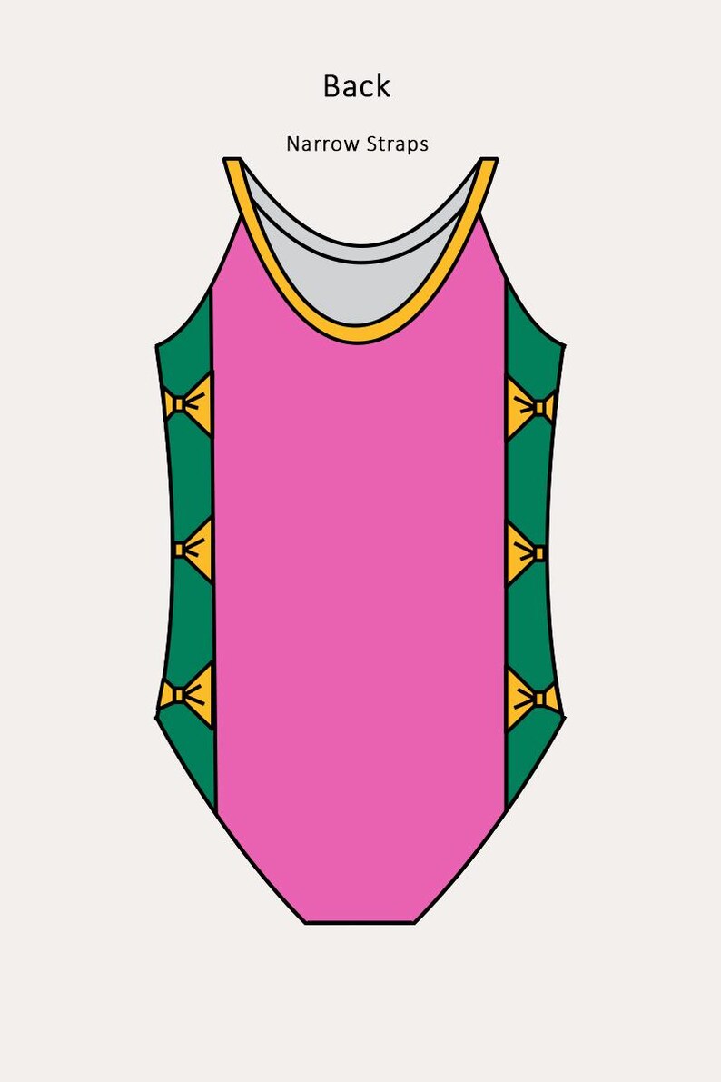 May include: A pink swimsuit with narrow straps and a yellow trim. The sides feature green panels with yellow bow accents. The word "Back" and "Narrow Straps" are written at the top of the image.