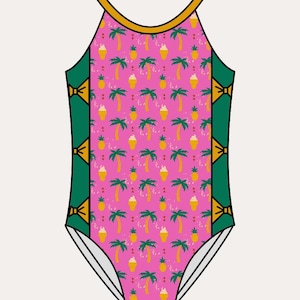 May include: One-piece swimsuit with a pink background and a pattern of palm trees, pineapples, and ice cream cones. The swimsuit has green side panels with bow accents and narrow gold straps. The word "Front" and "Narrow Straps" are printed at the top.