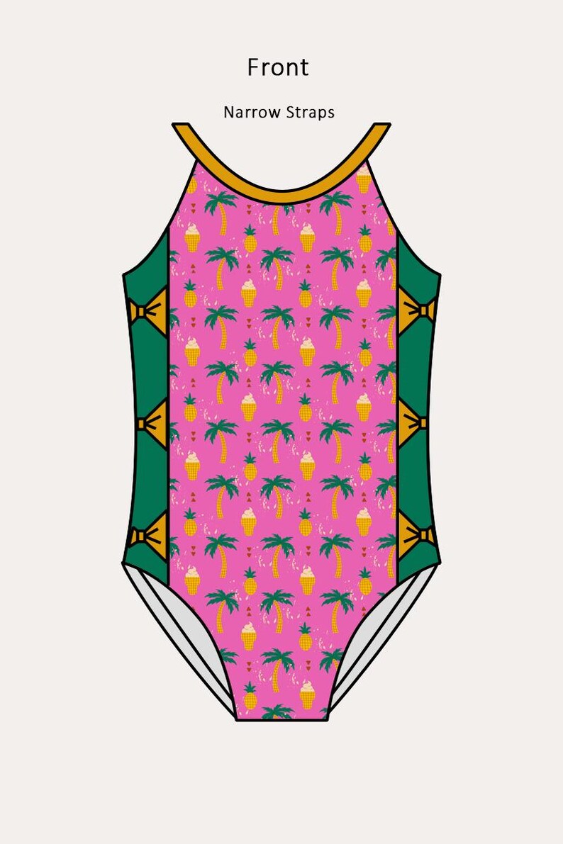 May include: One-piece swimsuit with a pink background and a pattern of palm trees, pineapples, and ice cream cones. The swimsuit has green side panels with bow accents and narrow gold straps. The word "Front" and "Narrow Straps" are printed at the top.