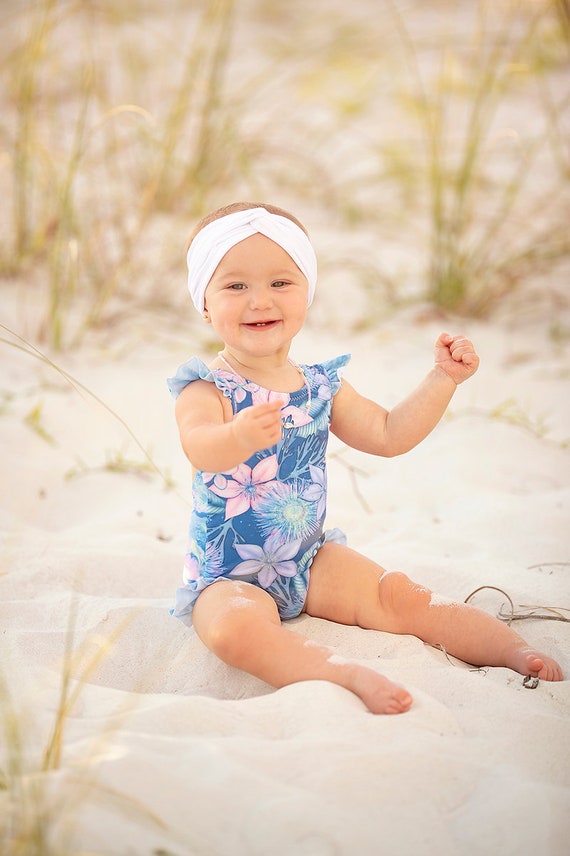 BLUE TWO PIECES SWIMSUIT WITH FLOWER PATTERN, BABY BLUE TWO PIECES SWIMSUIT WITH FLOWER PATTERN, BABY