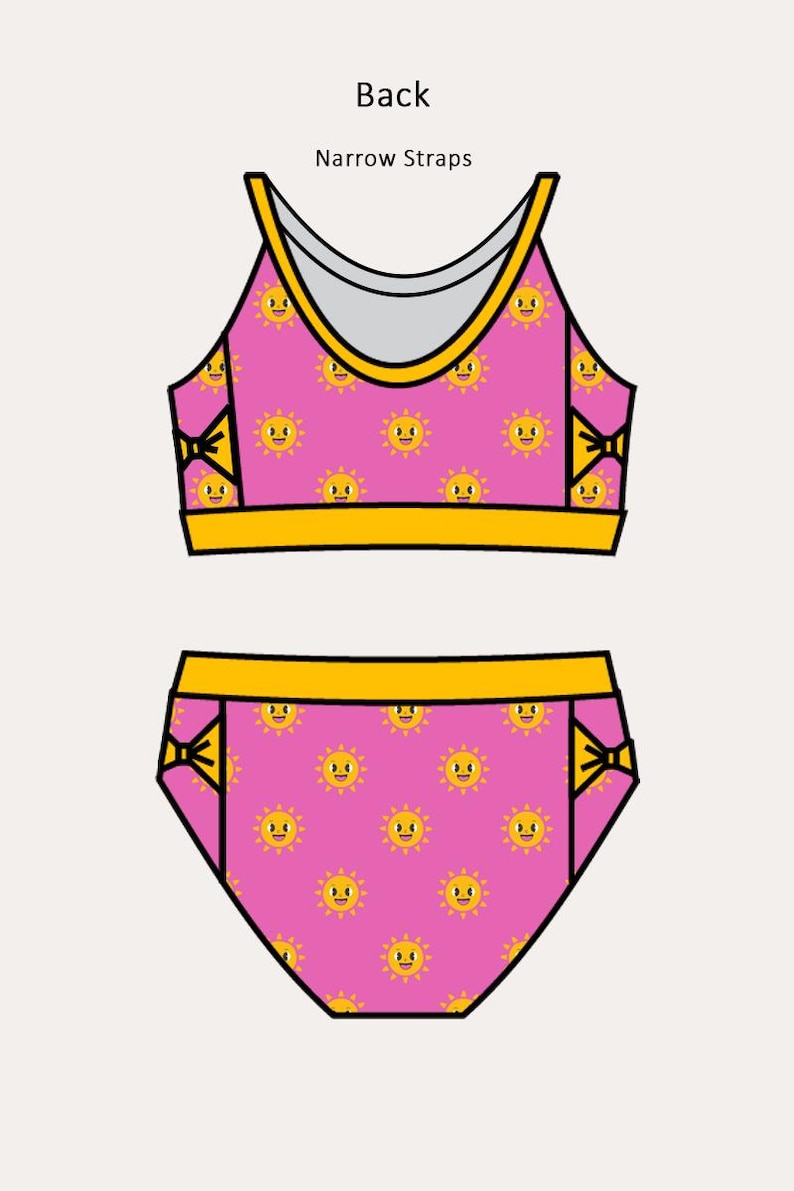 May include: Pink two-piece swimsuit set with a repeating pattern of smiling suns. The top has narrow straps and a yellow trim. The bottoms also have yellow trim. The word "Back" and "Narrow Straps" are printed on the image.
