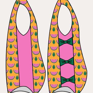 May include: Two colorful swimsuits with a watermelon and leaf pattern. One swimsuit has green bows. The swimsuits are pink and yellow. The text "Side" and "Optional Bows" are at the top.