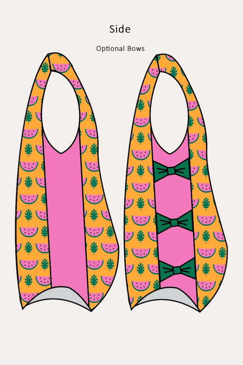May include: Two colorful swimsuits with a watermelon and leaf pattern. One swimsuit has green bows. The swimsuits are pink and yellow. The text "Side" and "Optional Bows" are at the top.