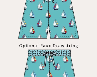 Puede incluir: Dos pares de pantalones cortos de baño turquesa con un estampado de veleros. Los pantalones cortos tienen un cordón y trabillas para la cintura. El texto "Optional Waistband Tabs" y "Optional Faux Drawstring" está arriba.
