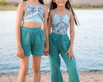 Tulum broek en shorts PDF naaipatroon, inclusief maten 12 maanden - 14 jaar, meisjesbroekpatroon, shortspatroon, strandbroek