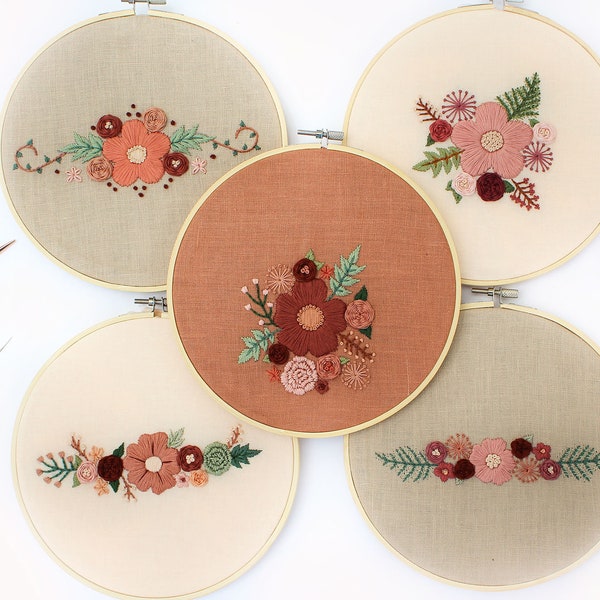 Meridan Hand Embroidery PDF Pattern, including 5 Floral Design Options, Beginner Friendly Hand Embroidery Pattern