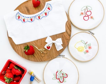 Vero Hand Embroidery Pattern: strawberry cluster, lemon with lemon slice, cherries, faux scallop fruit collar, strawberry vine waistband