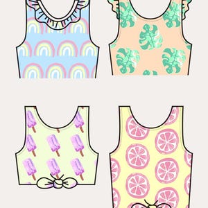 May include: Illustration of four sleeveless tops with different designs. The tops feature a classic neck or optional flutter and tie. Designs include rainbows, tropical leaves, popsicles, and citrus fruit patterns. The text "Classic Neck" and "Optional Tie" are also present.